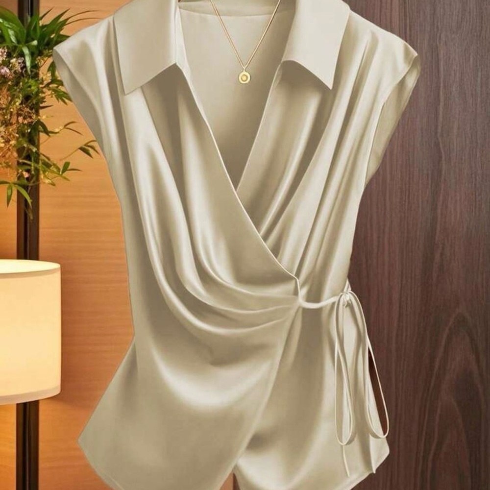 SHEIN Cream Satin Wrap Blouse with Tie